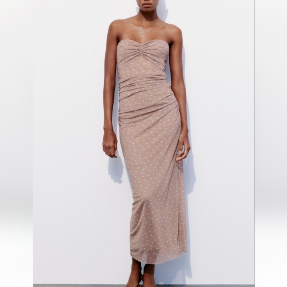 Zara Strapless Midi Dress in Taupe Polka Dot